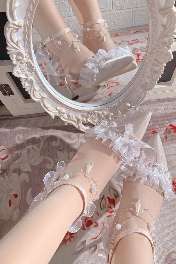 Enchanting Elegance: Light Colored Heels with Lace and Pearl Detailings