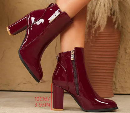 Marroon Glossy Red - Block Heel Ankle Boots With Side Zipper