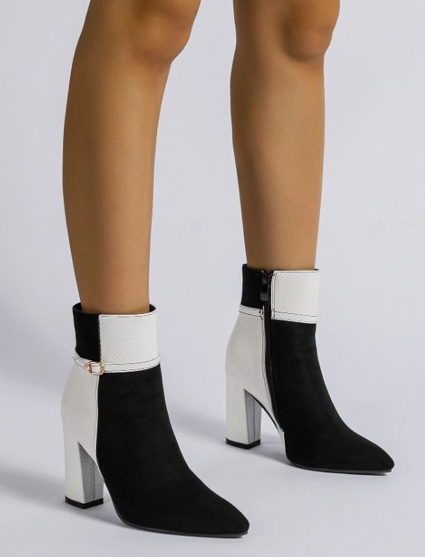 Modern Two-Tone Block Heel Ankle Boots with Sleek Zip Detail