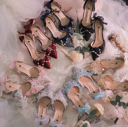 Elegant Lolita-Inspired Heels with Navy Bows and Butterfly Embellishments