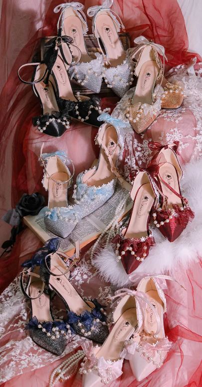 Elegant Lolita-Inspired Heels with Navy Bows and Butterfly Embellishments