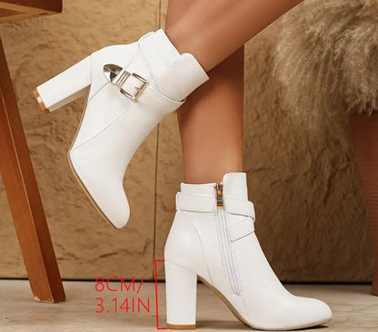 Frost White Ankle Boots with Silver Belt and Side Zipper