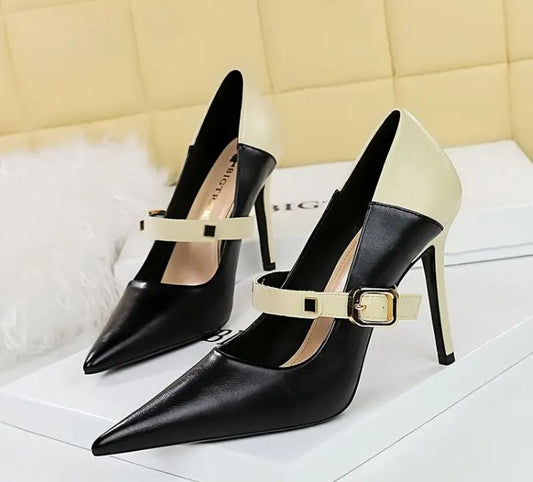 Elegant Two-Tone Stilettos with Chic Strap Design. Shop Now & Elevate Your Style!