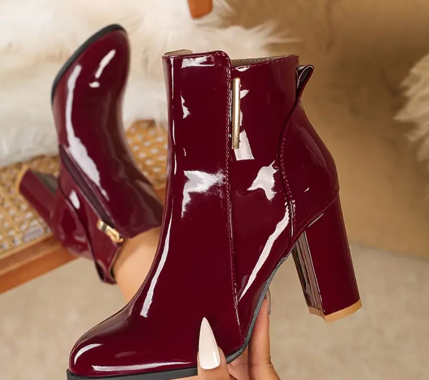 Marroon Glossy Red - Block Heel Ankle Boots With Side Zipper