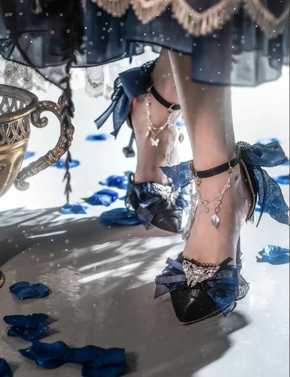 Elegant Lolita-Inspired Heels with Navy Bows and Butterfly Embellishments