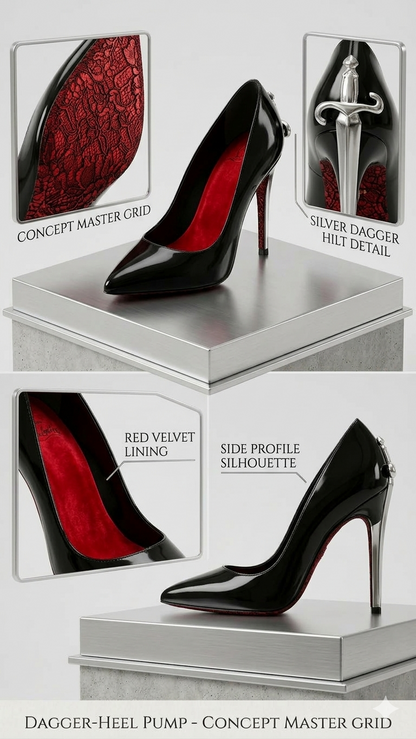 Black high-heeled shoe with red interior on a gray platform, surrounded by close-up details.