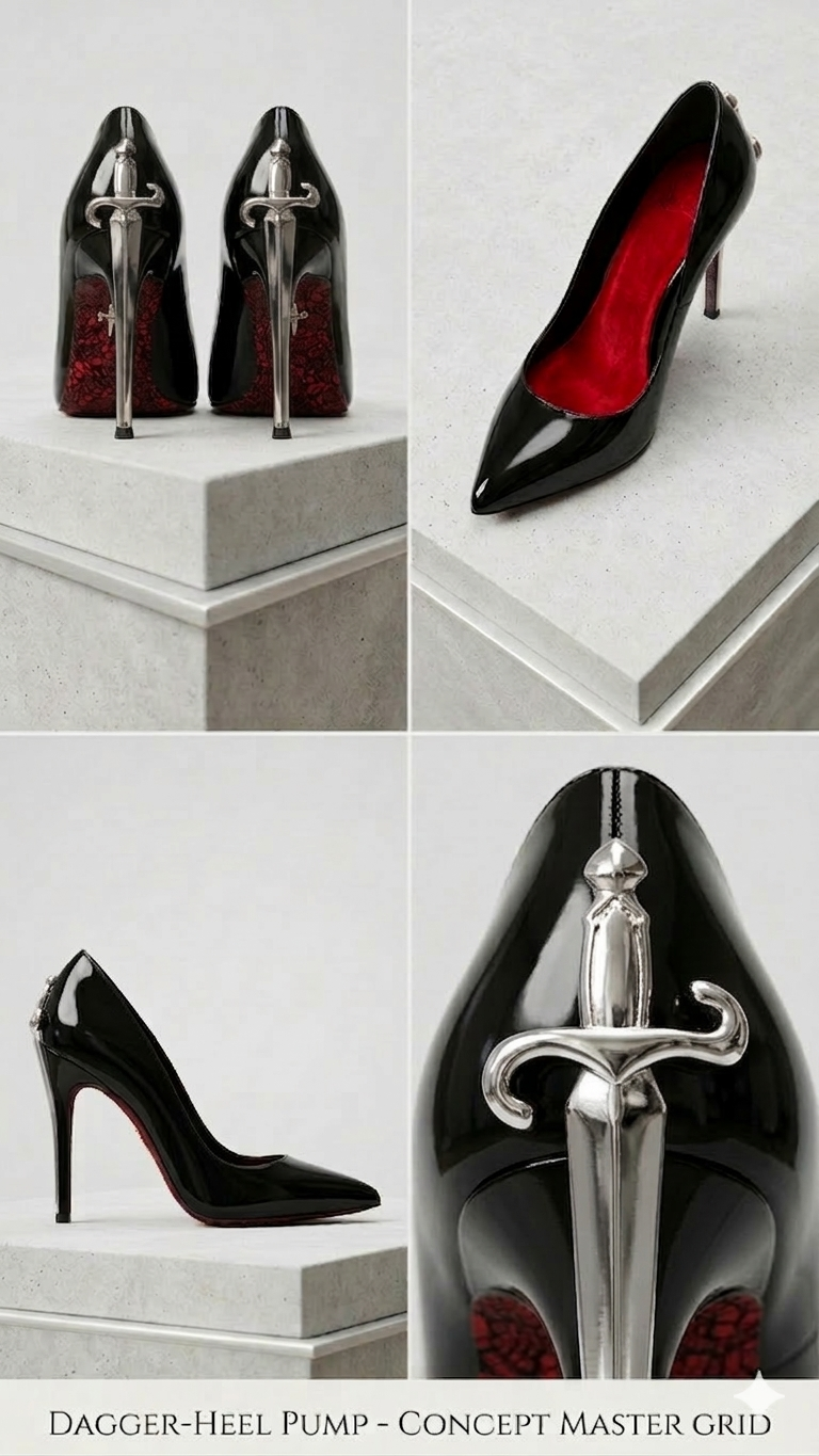 Black high-heeled shoes with dagger designs on a gray background