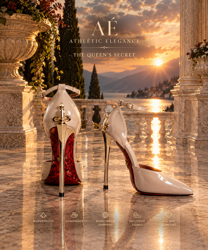 THE QUEEN'S SECRET DAGGER HEELS- IN CHAMPAGNE NUDE & GLOSSY BLACK