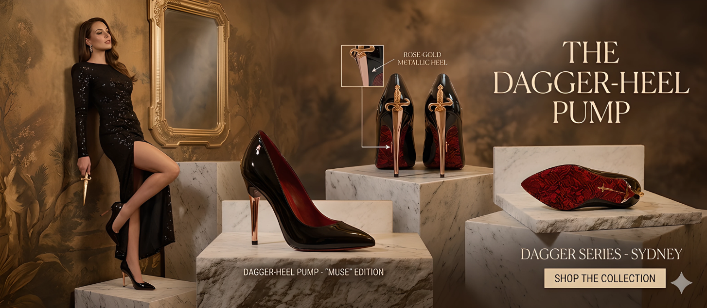 Dagger-heel pump advertisement with a woman in a black dress and high heels, set against a textured wall.