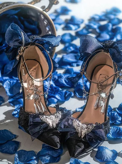 Elegant Lolita-Inspired Heels with Navy Bows and Butterfly Embellishments