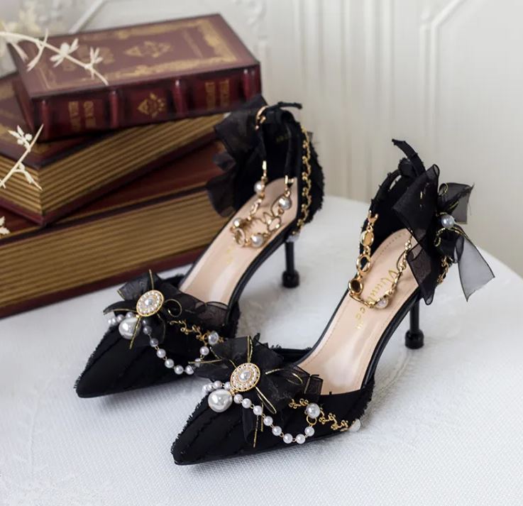 Obsidian Charm: Rhinestone Decorated Black Heels (Straight Out Of Manwha)