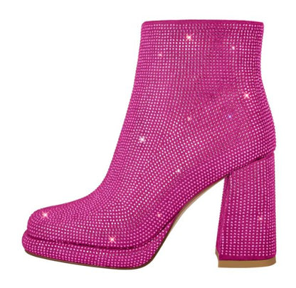 Crystal-Embellished Ankle Boots – Square Toe & Block Heel Elegance
