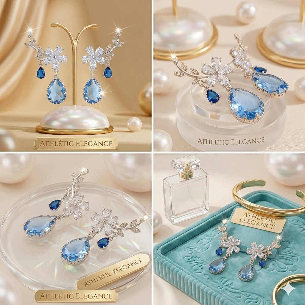 Collage of blue teardrop earrings with floral designs on a 'Athletic Elegance' stand.