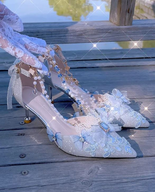 Blue Whisper: Chic Butterfly Bow Rhinestone High Heels (Straight Out Of Manwha)