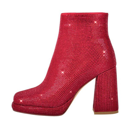 Crystal-Embellished Ankle Boots – Square Toe & Block Heel Elegance