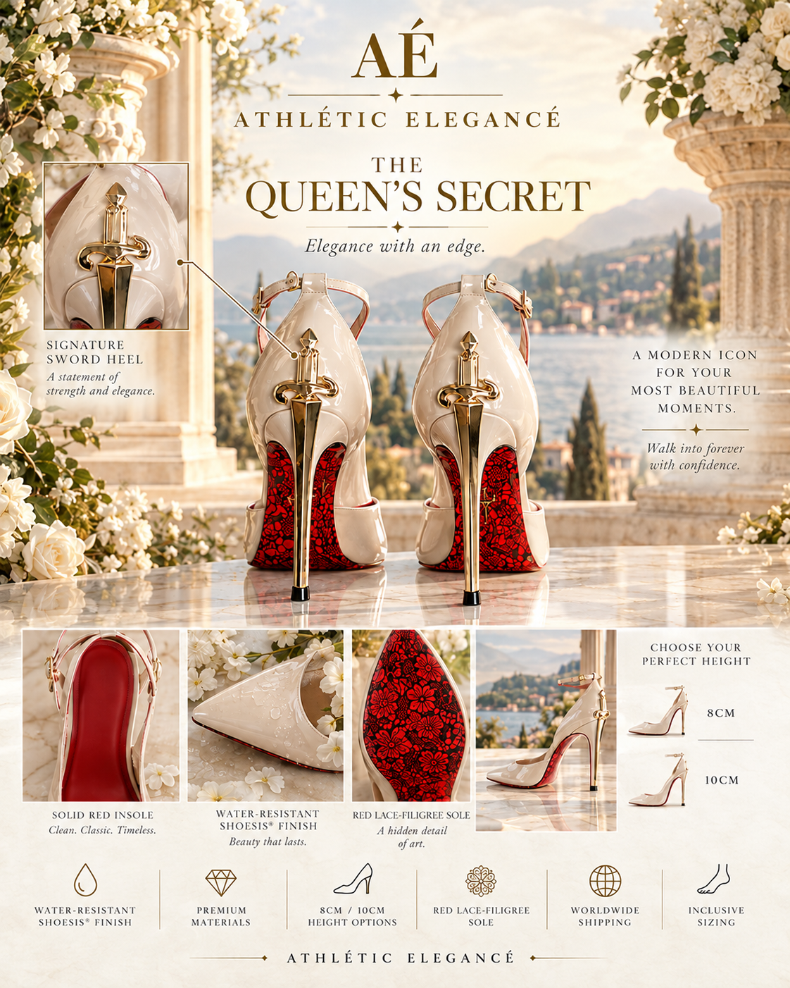 Athletic Elegance 'The Queen's Secret' red high-heeled pumps shown in a luxury architectural setting with inset detail callouts and feature badges.