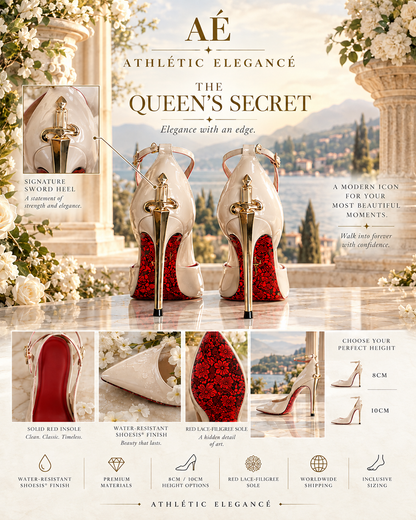 Athletic Elegance 'The Queen's Secret' red high-heeled pumps shown in a luxury architectural setting with inset detail callouts and feature badges.