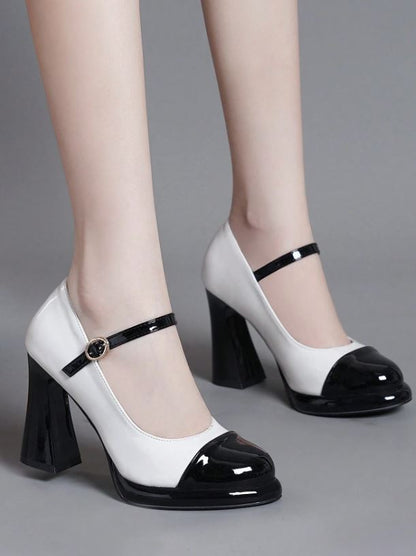 Waterproof Platform Heels - Black & White with Straps
