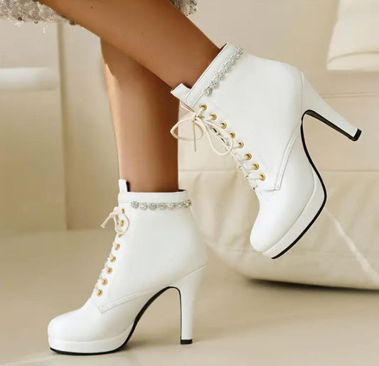 Angel White & Midnight Black Lace-Up Platform Heels: Dazzling Accents