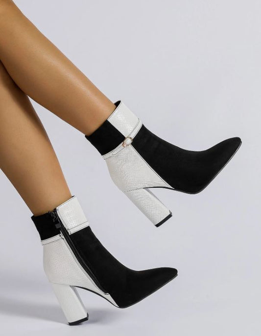 Modern Two-Tone Block Heel Ankle Boots with Sleek Zip Detail