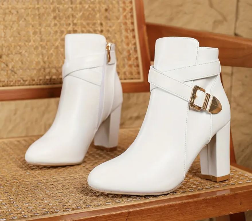 Frost White Ankle Boots with Silver Belt and Side Zipper