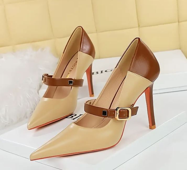 Elegant Two-Tone Stilettos with Chic Strap Design. Shop Now & Elevate Your Style!