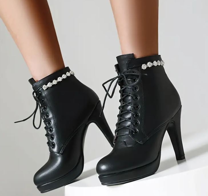 Angel White & Midnight Black Lace-Up Platform Heels: Dazzling Accents