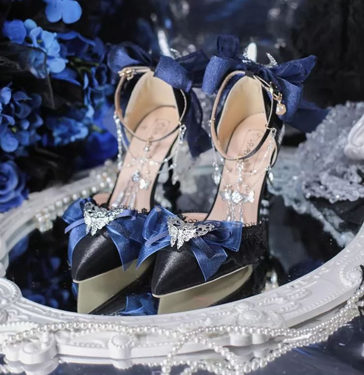 Elegant Lolita-Inspired Heels with Navy Bows and Butterfly Embellishments