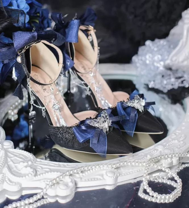 Elegant Lolita-Inspired Heels with Navy Bows and Butterfly Embellishments