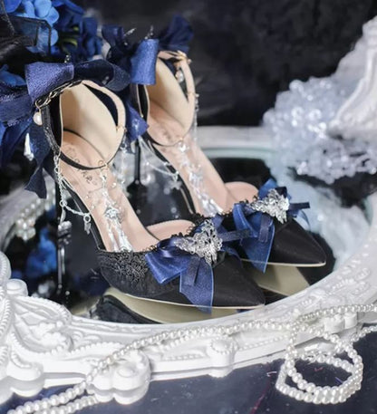 Elegant Lolita-Inspired Heels with Navy Bows and Butterfly Embellishments