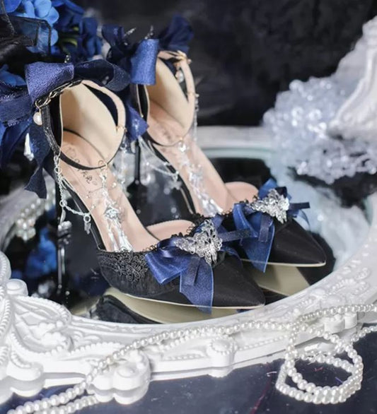 Elegant Lolita-Inspired Heels with Navy Bows and Butterfly Embellishments