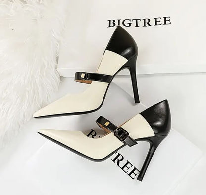 Elegant Two-Tone Stilettos with Chic Strap Design. Shop Now & Elevate Your Style!